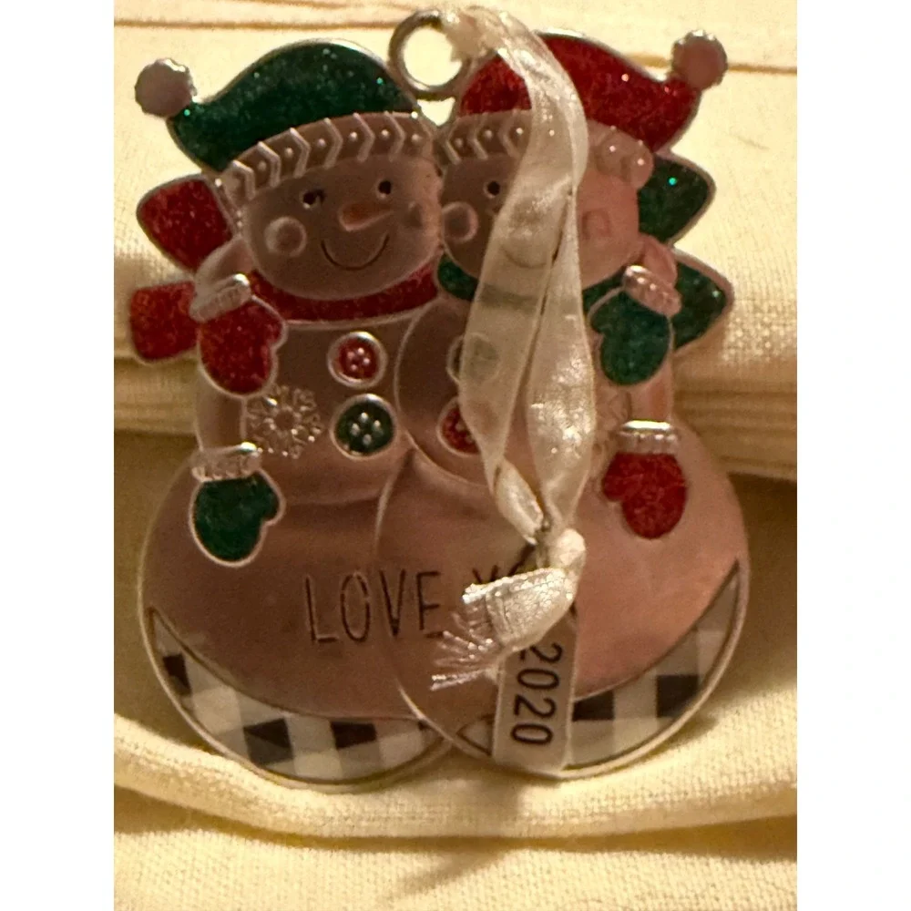 2020 Love You Snowman Couple Christmas Ornament Silver Tone Glitter Plaid Tag